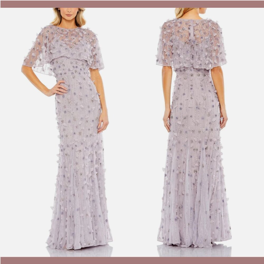 NEW $698‎ Mac Duggal [ 14 ] Embellished Cape Sleeve Trumpet Gown in Lilac #Q687